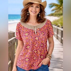 Lucky Brand Boho Chic Peasant Pink Blouse with Macrame Tie Collar